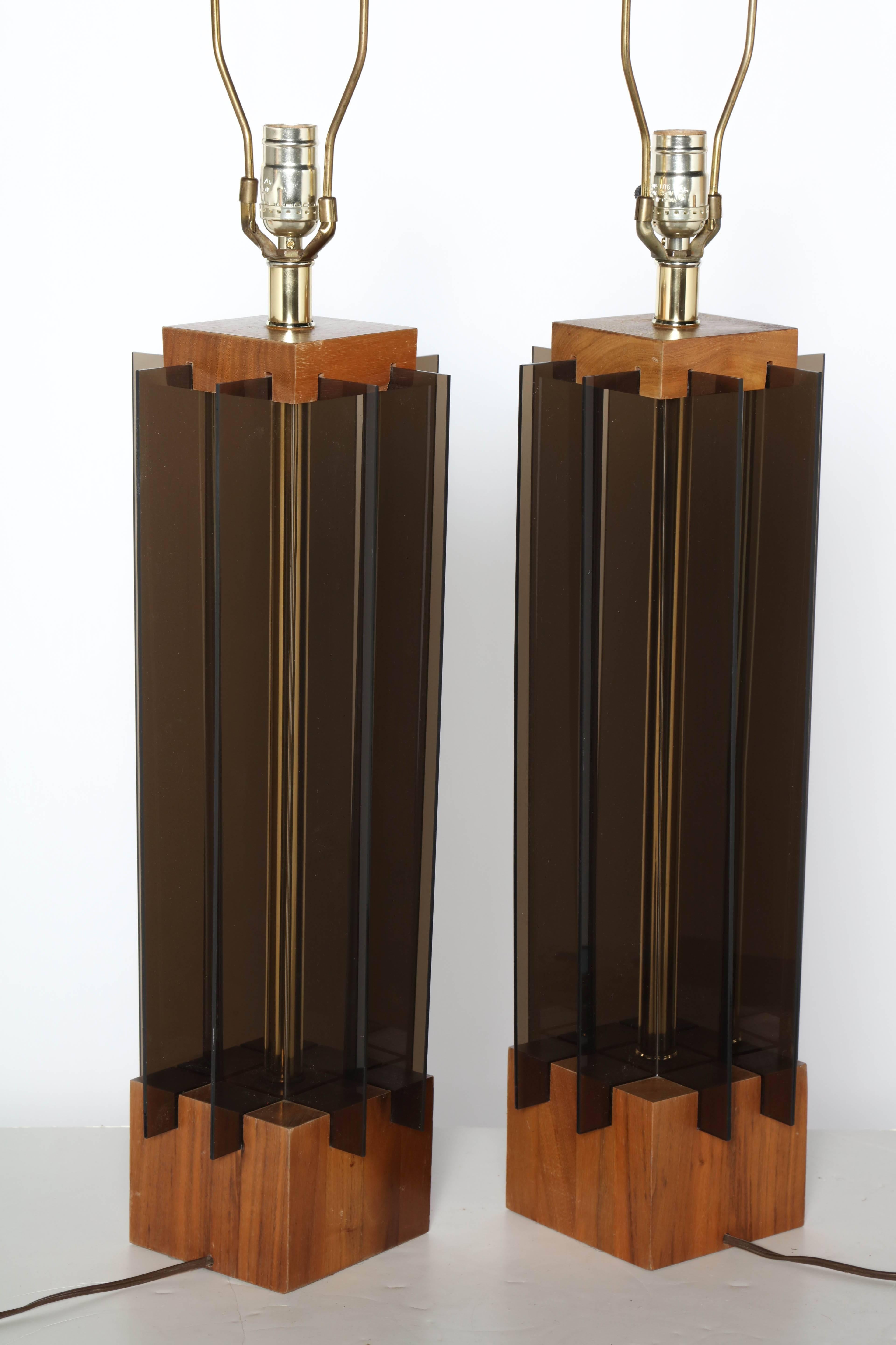 Tall Pair of Laurel Lamp Co. Walnut & Smoked Lucite Paneled 