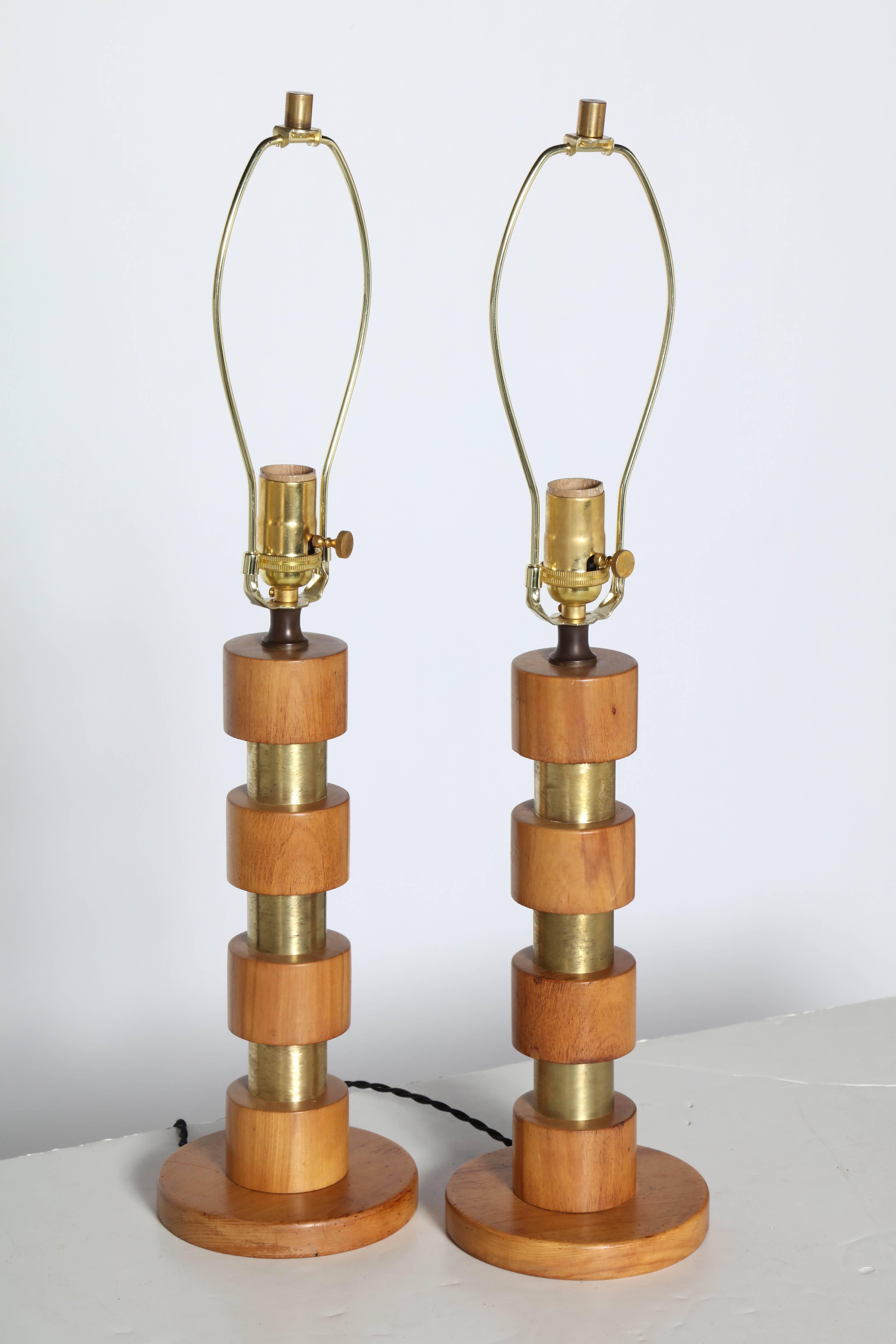 Pair of Russel Wright Style Machine Age Stacked Maple and Brass Table Lamps 3