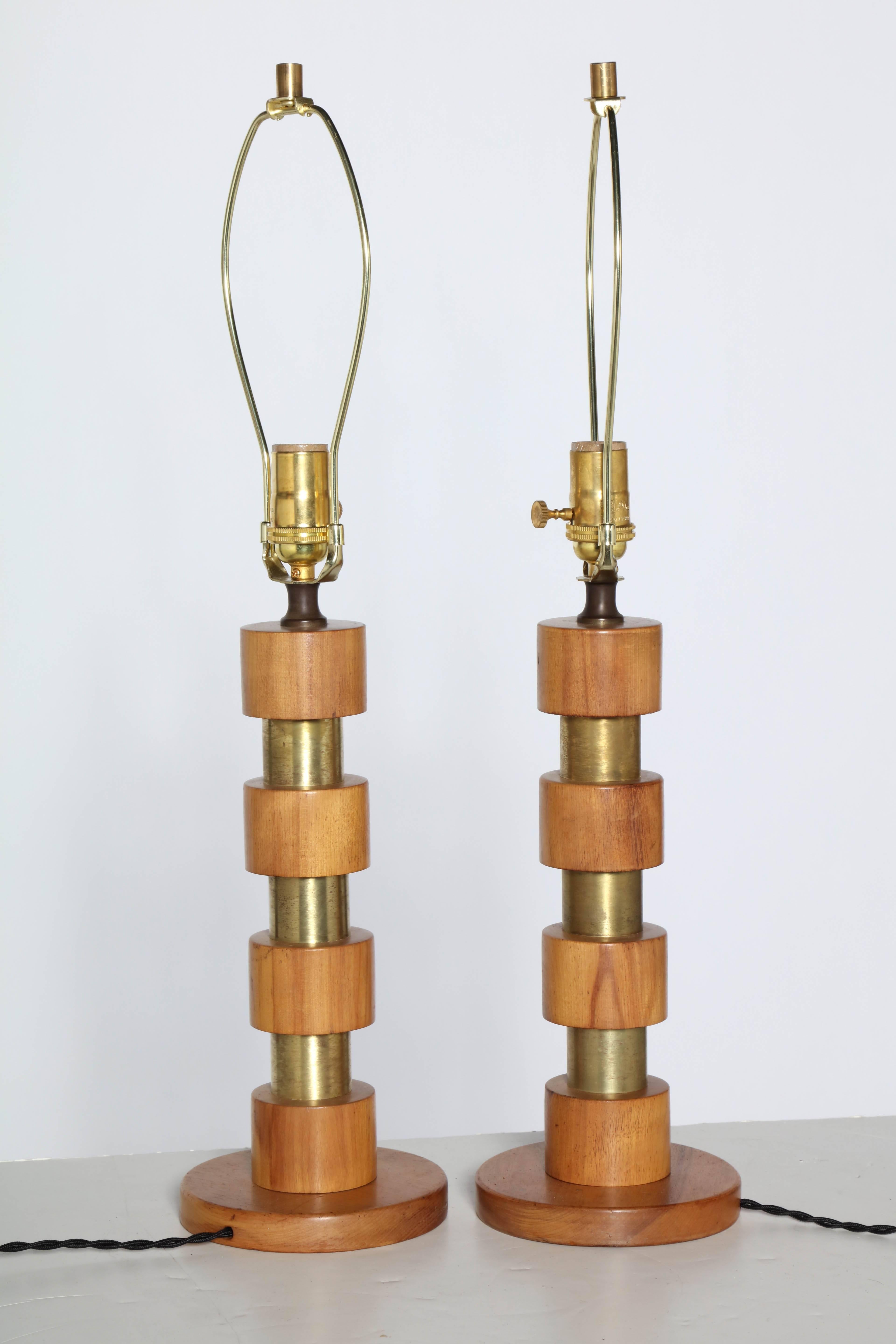 Pair of Russel Wright Style Machine Age Stacked Maple and Brass Table Lamps 4