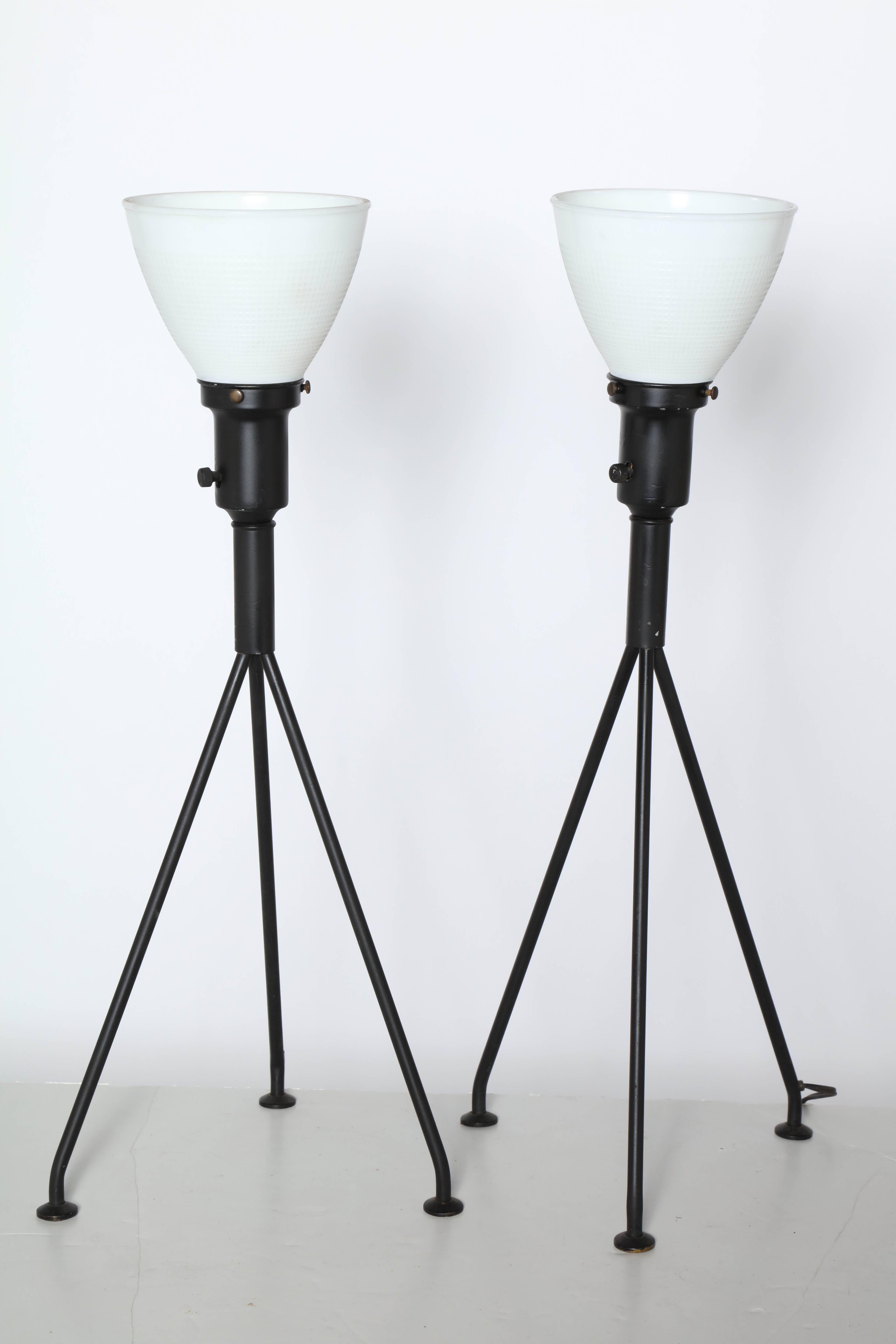 American Pair of Gerald Thurston Black Iron Tripod Table Lamps with White Glass Shades