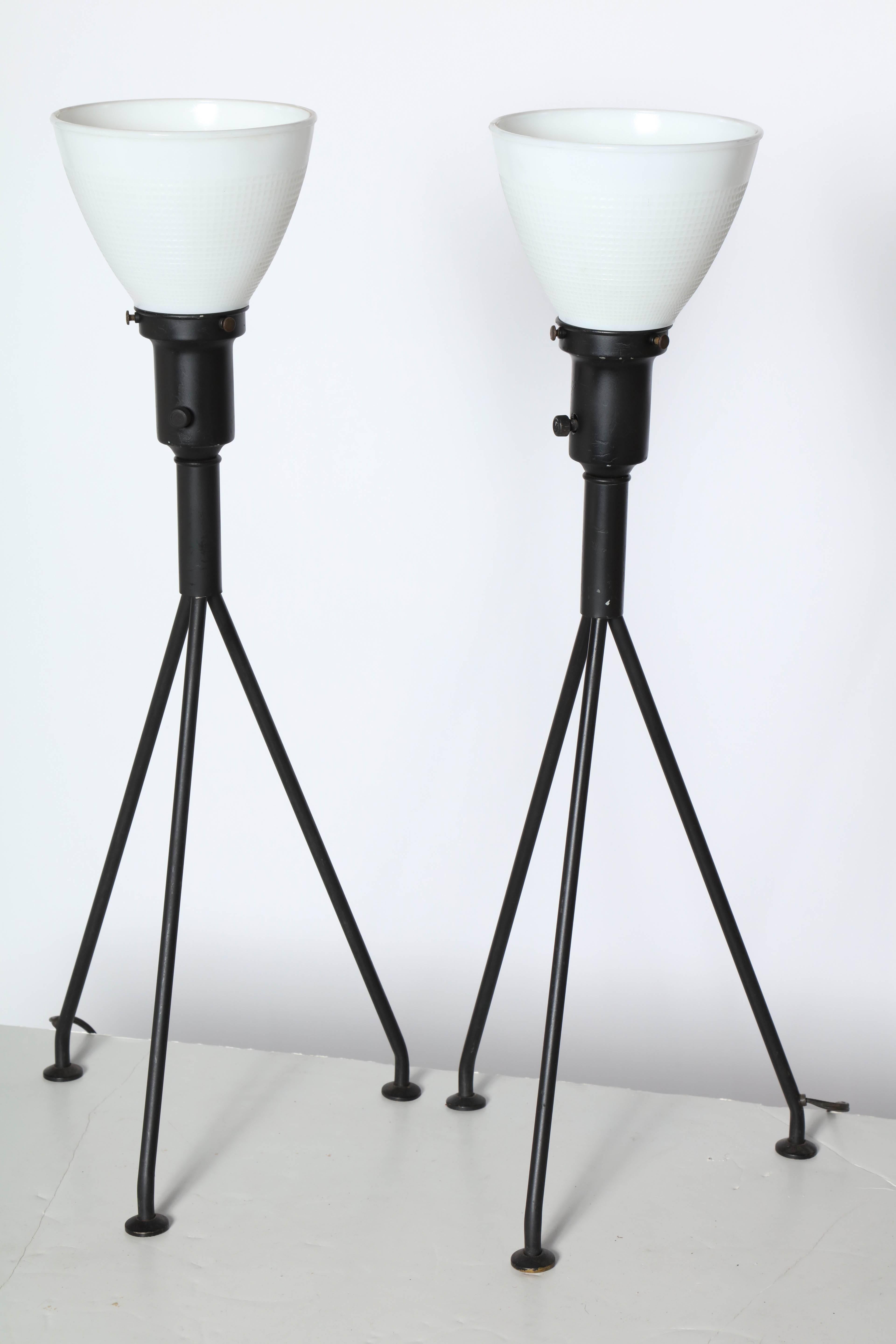 Pair of Gerald Thurston Black Iron Tripod Table Lamps with White Glass Shades 1