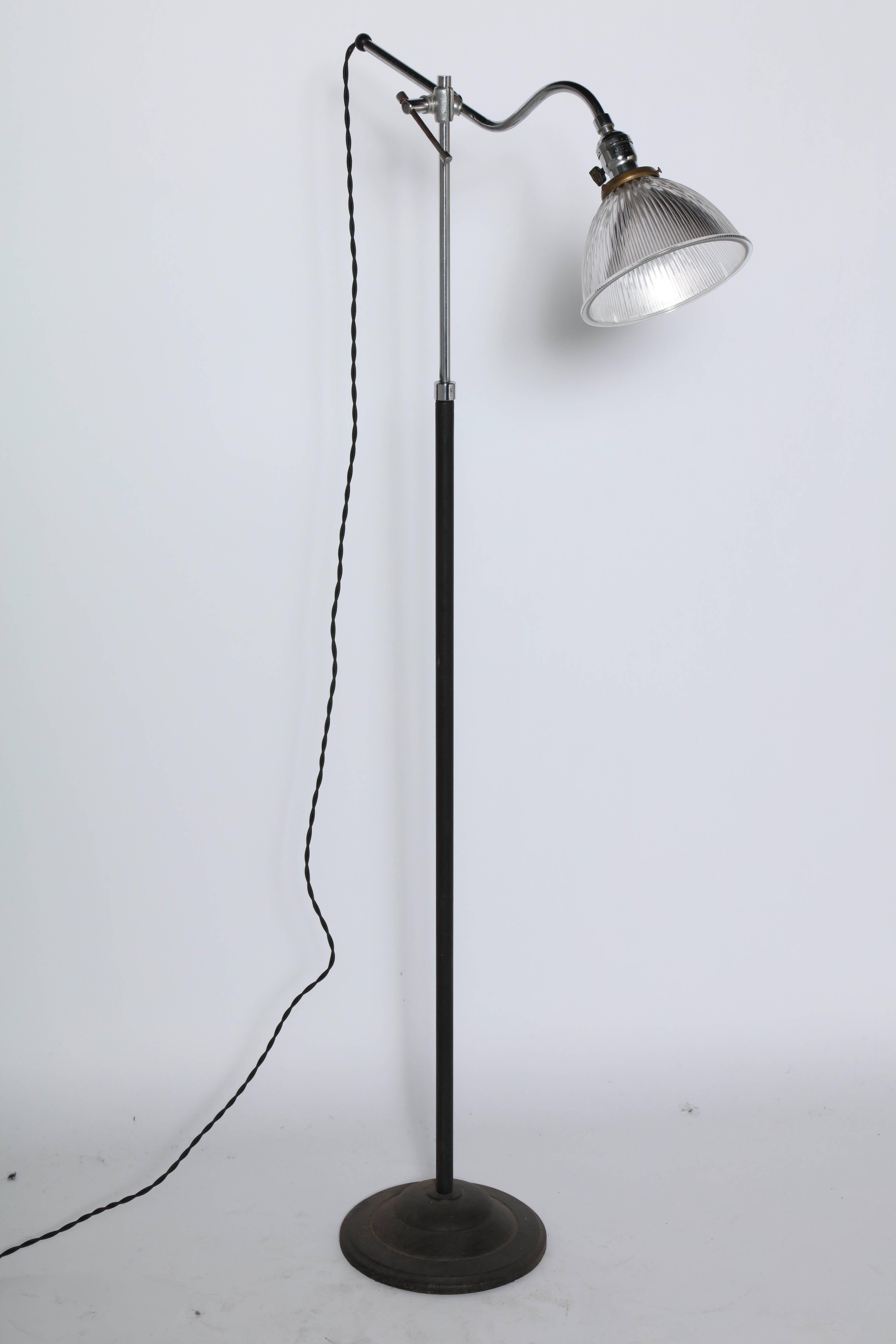 Circa 1930 Cast Iron & Chrome Articulating Floor Lamp with Holophane Shade In Good Condition For Sale In Bainbridge, NY