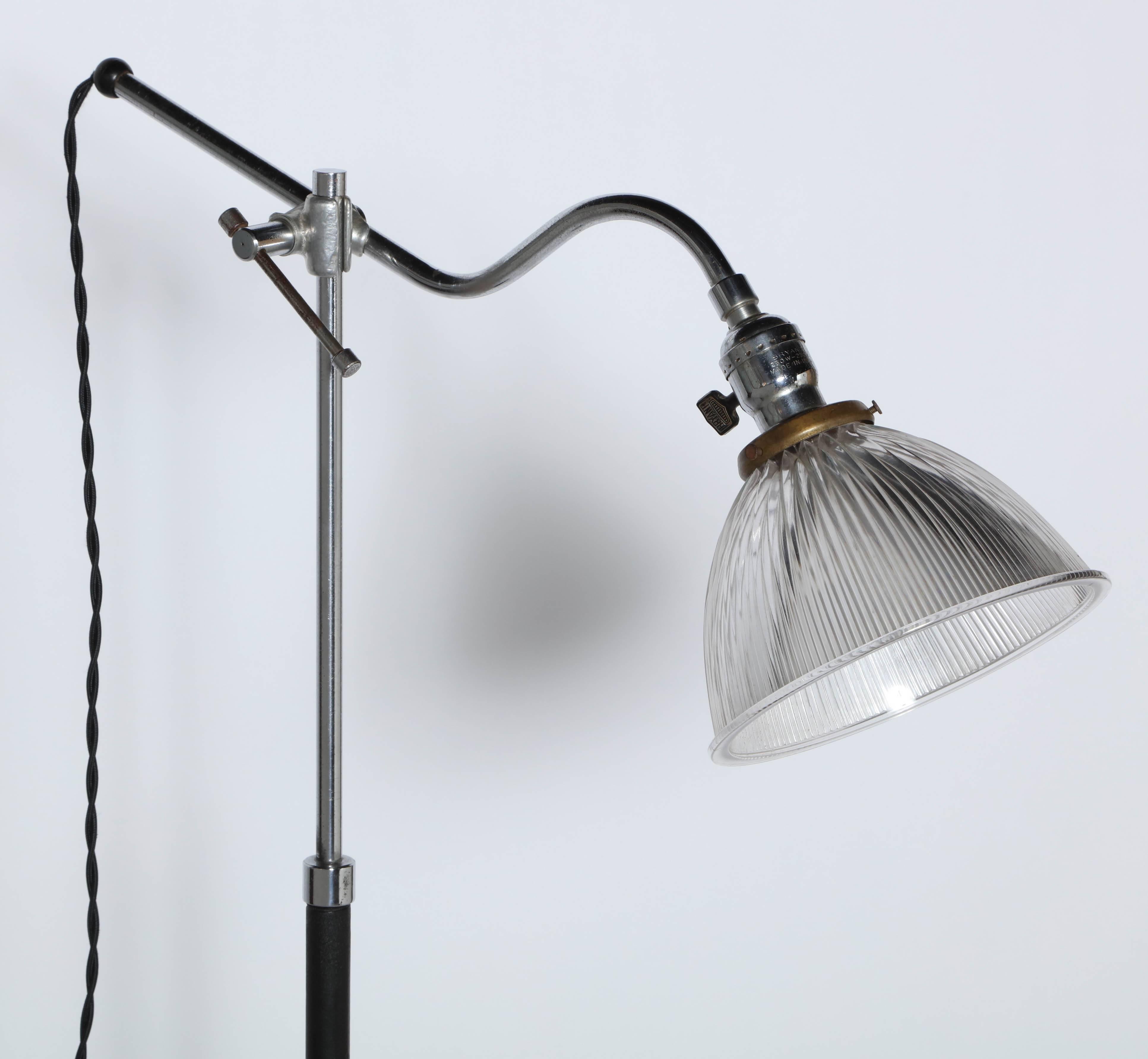 Mid-20th Century Circa 1930 Cast Iron & Chrome Articulating Floor Lamp with Holophane Shade For Sale
