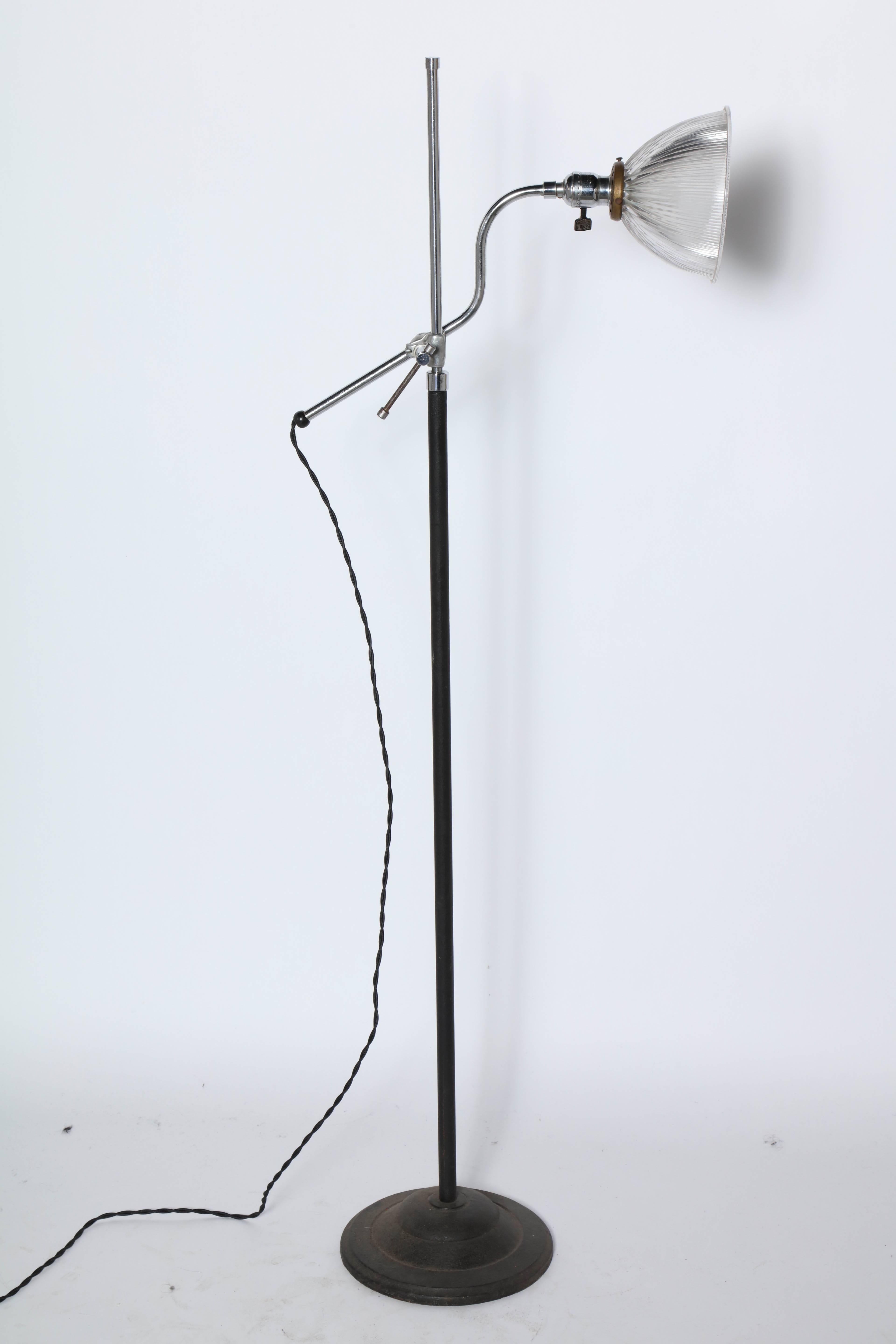 Circa 1930 Cast Iron & Chrome Articulating Floor Lamp with Holophane Shade For Sale 2