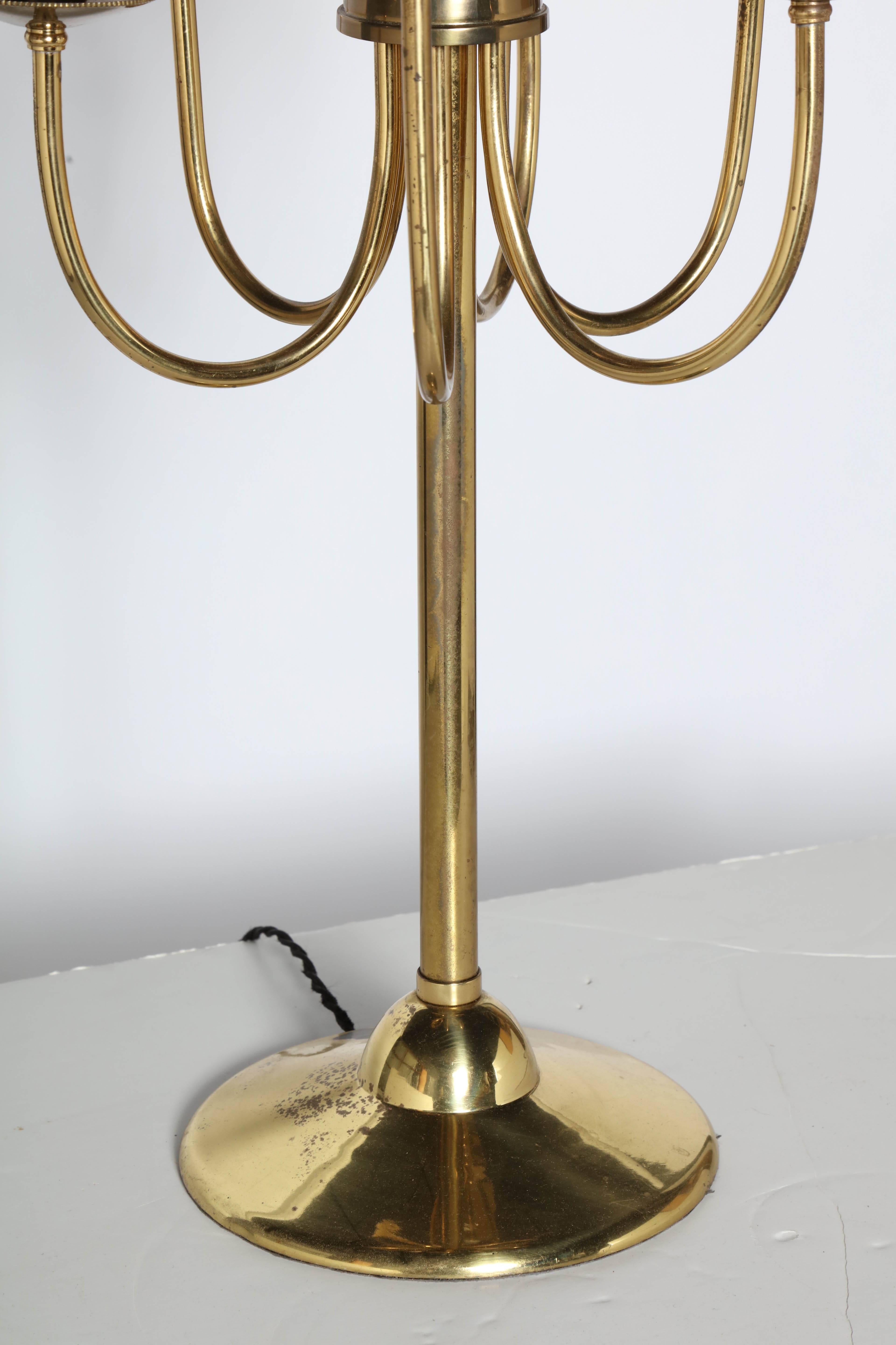 Enameled Tommi Parzinger Style Brass Two Tier Six Candlestick Candelabra Table Lamp 