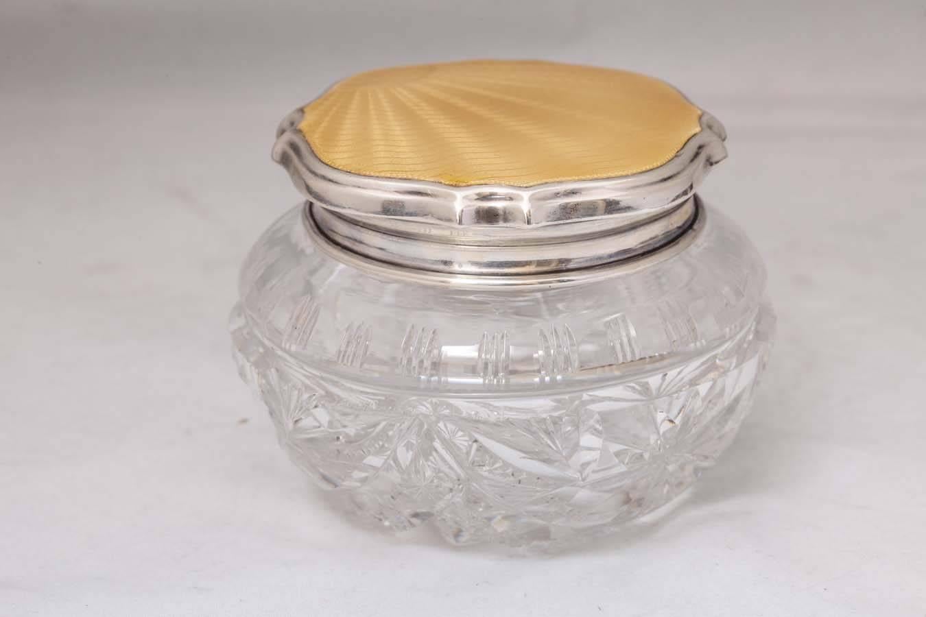 Art Deco, sterling silver and guilloche enamel - mounted cut crystal powder jar, Birmingham, England, 1934, Adie Bros. - makers. Measures: 3