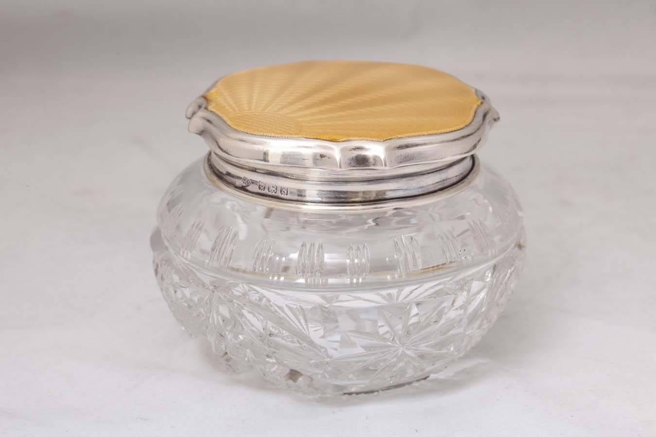 English Art Deco Sterling Silver and Guilloche Enamel, Mounted Cut Crystal Powder Jar