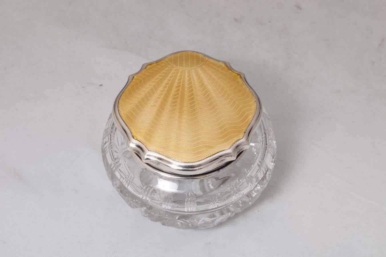 Art Deco Sterling Silver and Guilloche Enamel, Mounted Cut Crystal Powder Jar 5