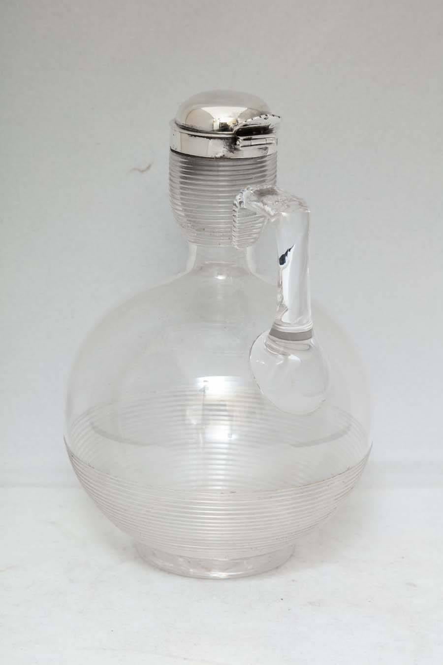 English Unusual Victorian Sterling Silver-Mounted Threaded Glass Claret Jug