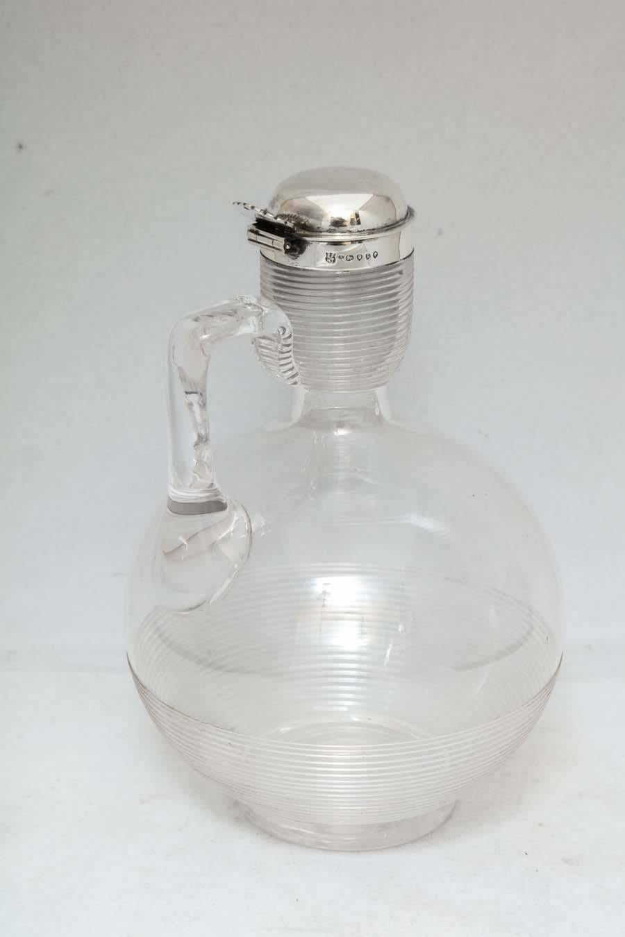 Unusual Victorian Sterling Silver-Mounted Threaded Glass Claret Jug In Excellent Condition In New York, NY