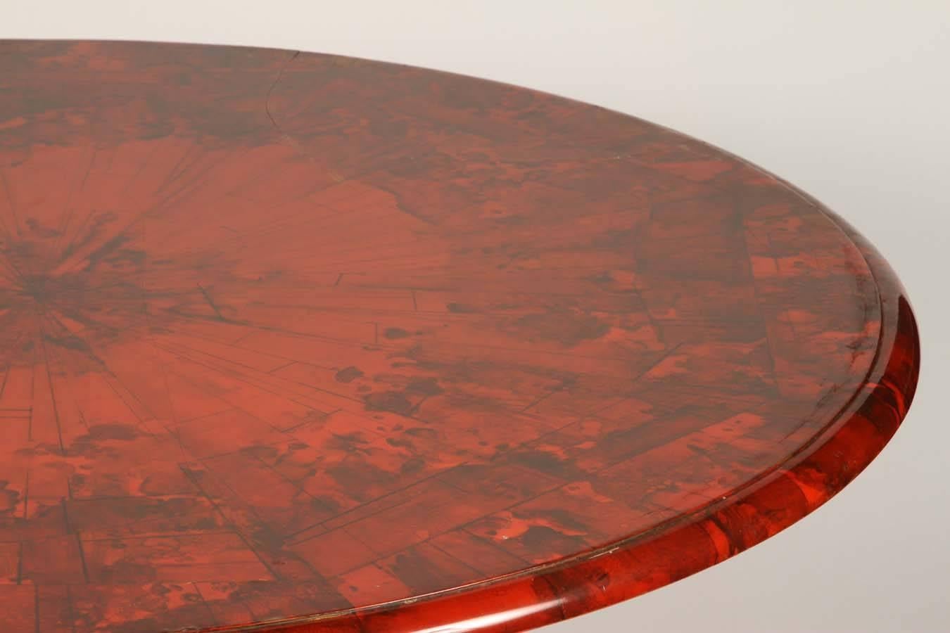 French 1940s Red Lacquered Table with Metal Base In Fair Condition For Sale In Los Angeles, CA