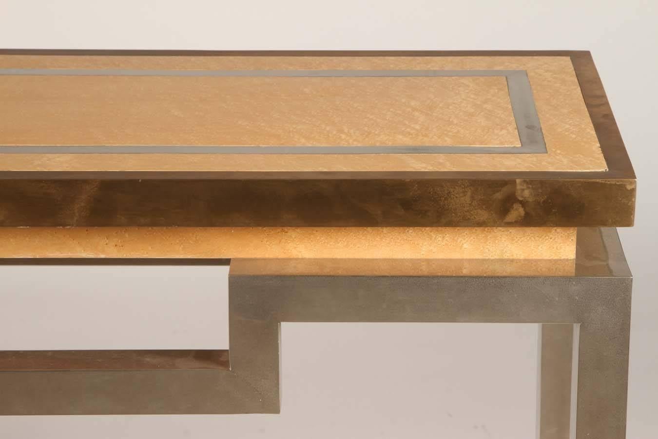 Chinoiserie Stainless Steel, Brass, and Oak Console Table Attributed to Jansen