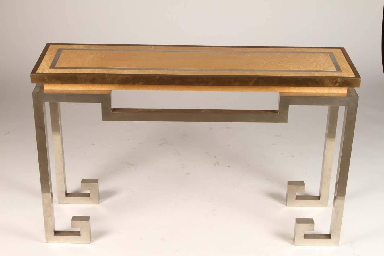 French Stainless Steel, Brass, and Oak Console Table Attributed to Jansen