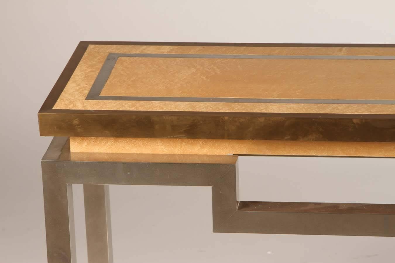 Veneer Stainless Steel, Brass, and Oak Console Table Attributed to Jansen
