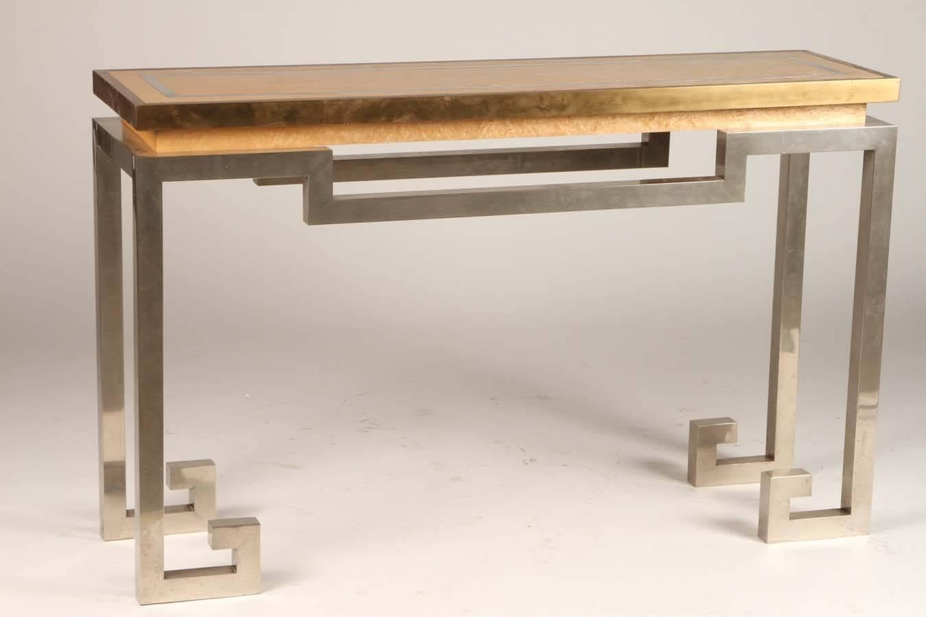Stainless Steel, Brass, and Oak Console Table Attributed to Jansen In Excellent Condition In Los Angeles, CA