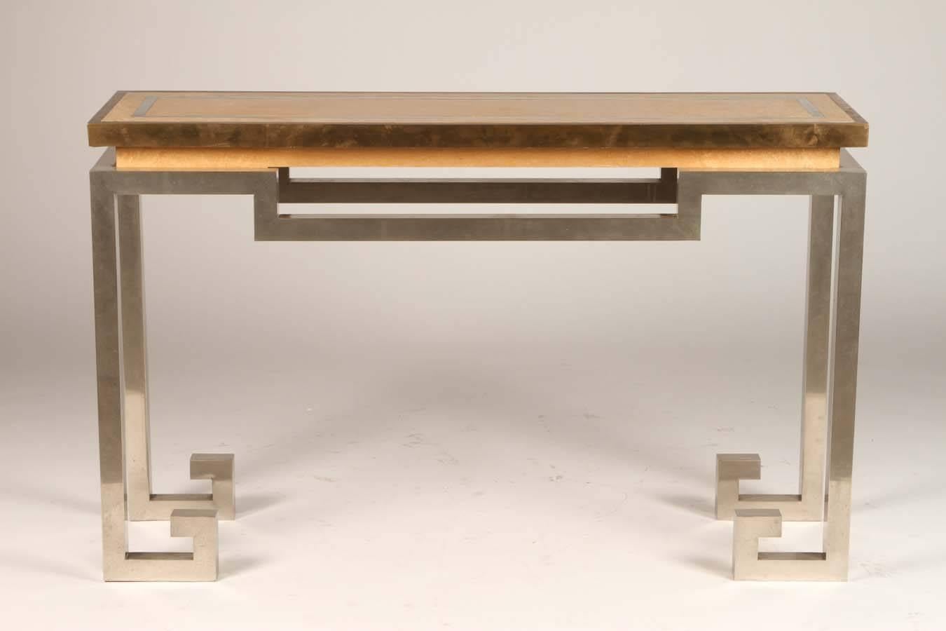 20th Century Stainless Steel, Brass, and Oak Console Table Attributed to Jansen