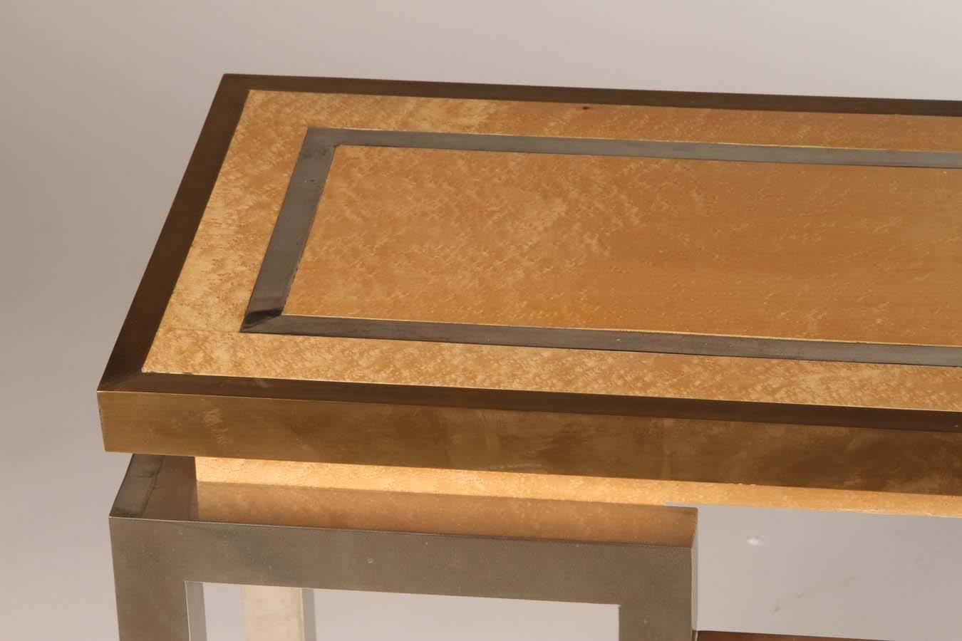 Stainless Steel, Brass, and Oak Console Table Attributed to Jansen 1