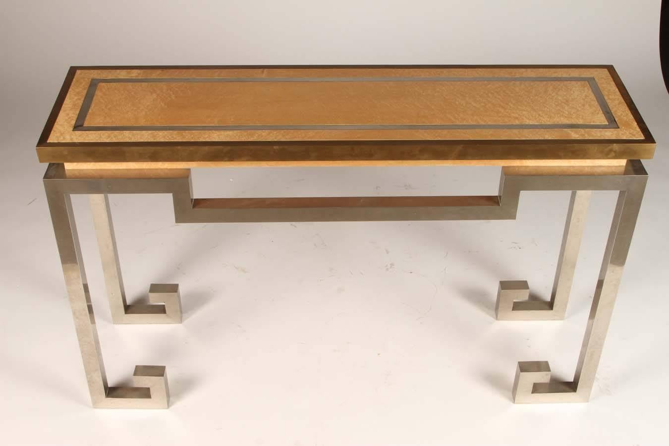 Stainless Steel, Brass, and Oak Console Table Attributed to Jansen 3