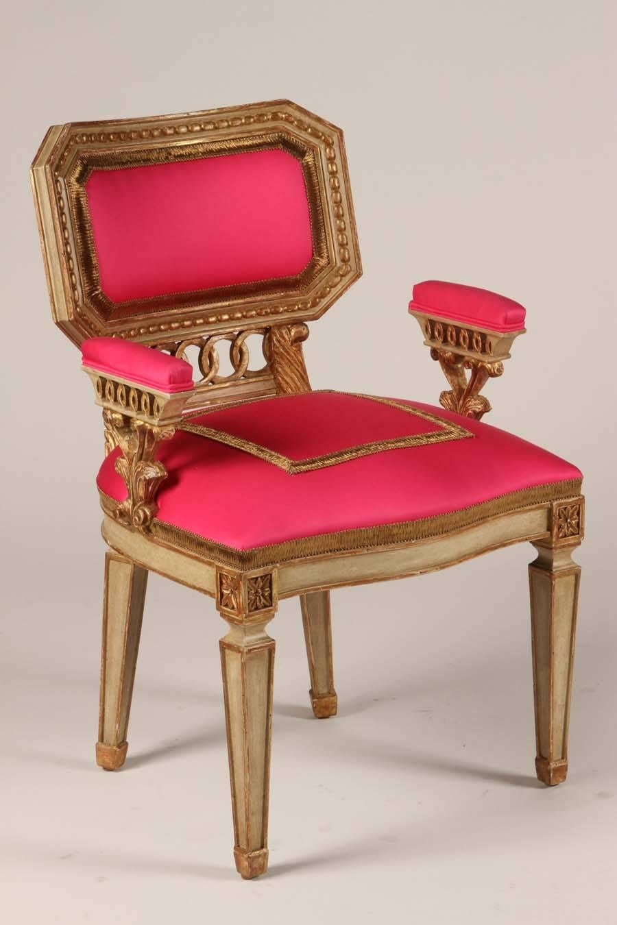 Stunning Baltic style chairs. Recently upholstered in pink Manuel Canovas silk and trimmed in (Janet Yonaty) gold braid. There is a third un-upholstered matching frame available for purchase.