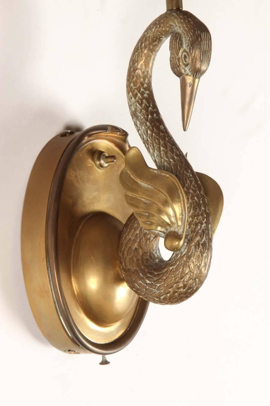 20th Century Sculpted Swan Motif Brass Sconces
