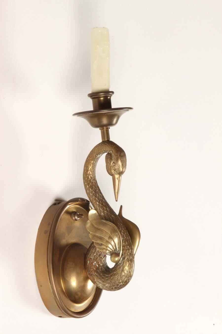 Sculpted Swan Motif Brass Sconces 1