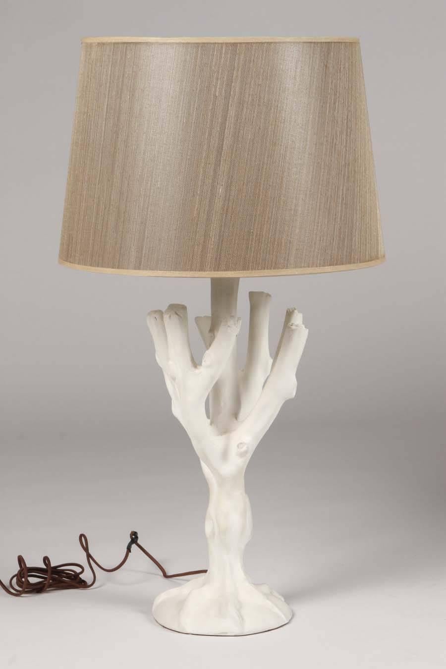 A large pair of plaster faux bois tree form lamps in the style of John Dickinson.
These Mid-Century sculptural lamps are a rare find as a pair. 

Shade: Top 15.5