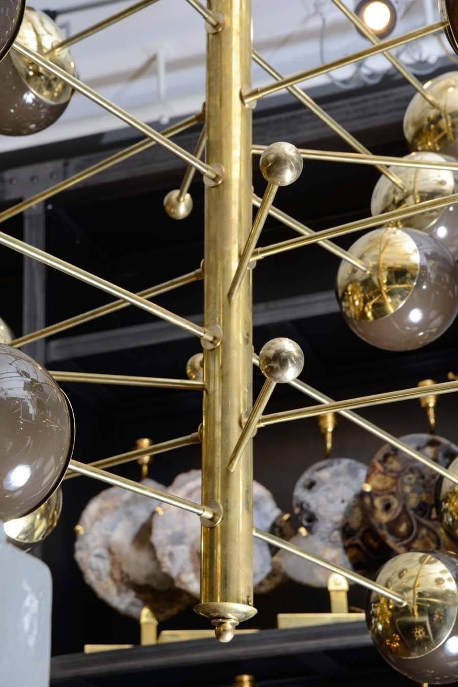 Italian Brass Vertical Chandelier with Murano Glass Globes, Glustin Luminaires Creation