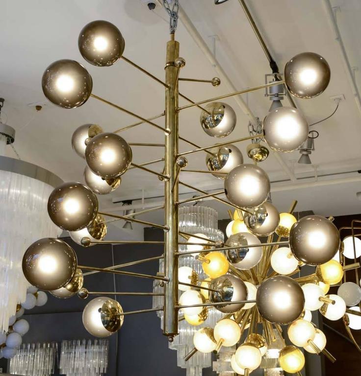 Brass Vertical Chandelier with Murano Glass Globes, Glustin Luminaires