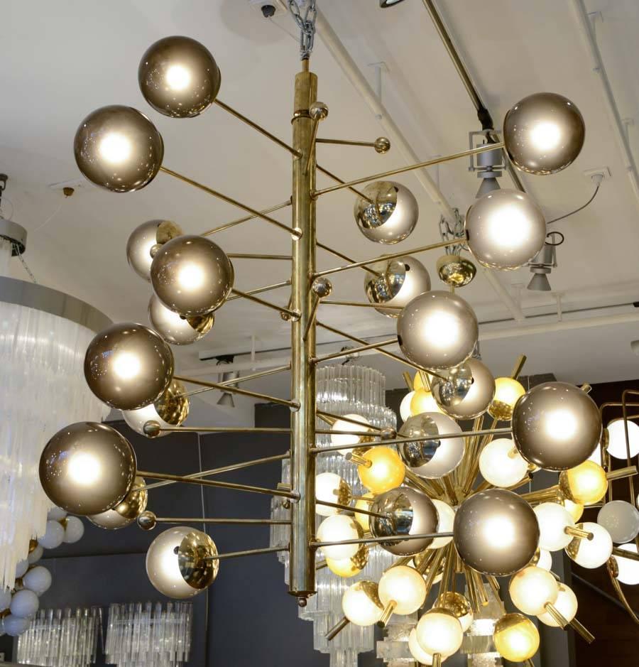 Brass Vertical Chandelier with Murano Glass Globes, Glustin Luminaires Creation 1