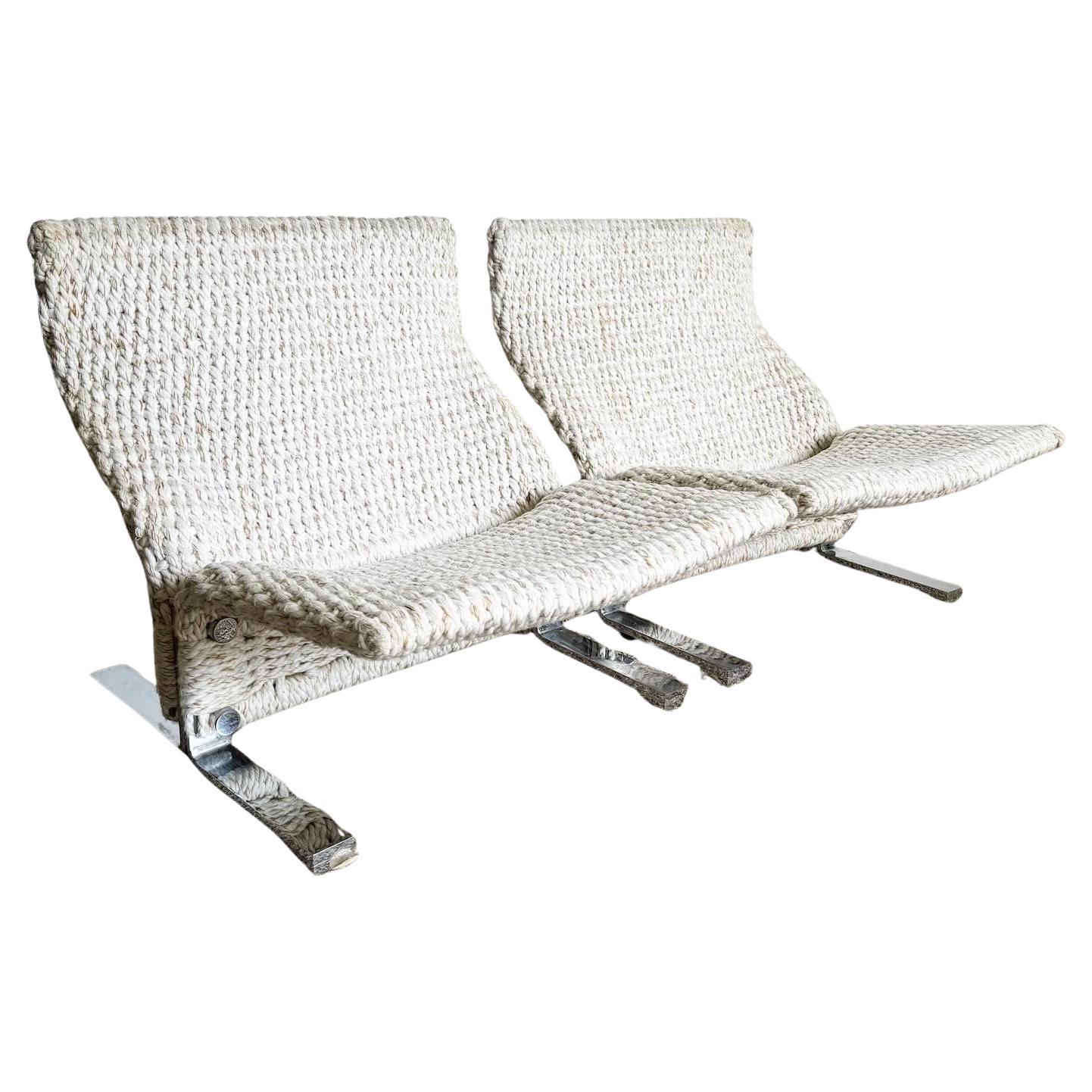 Marzio Cecchi Low Knitted Rope and Chrome Lounge Chairs - a Pair
