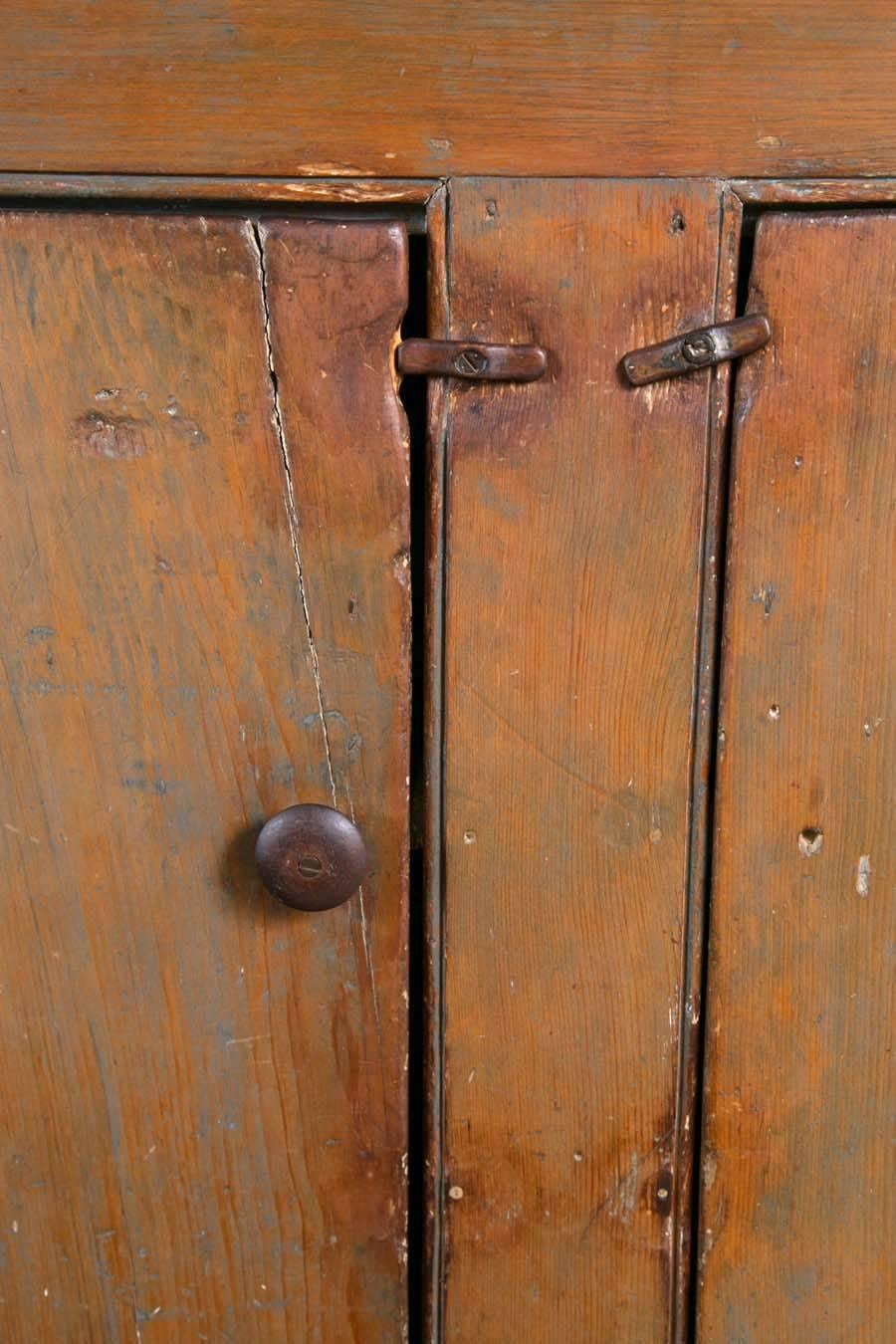 American Empire 19th Century Two-Door Country Cupboard in Old Brown Wash For Sale
