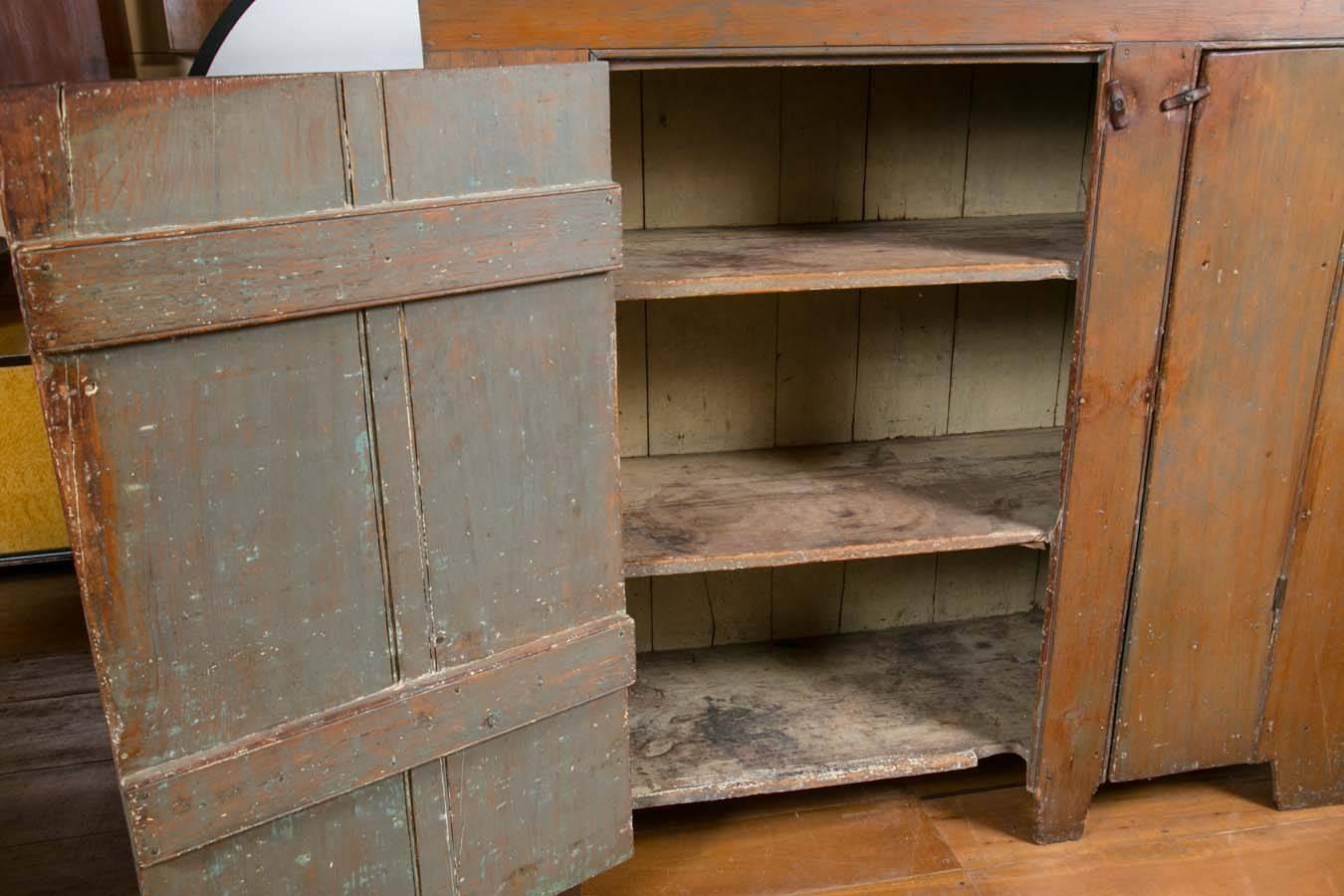 American 19th Century Two-Door Country Cupboard in Old Brown Wash For Sale