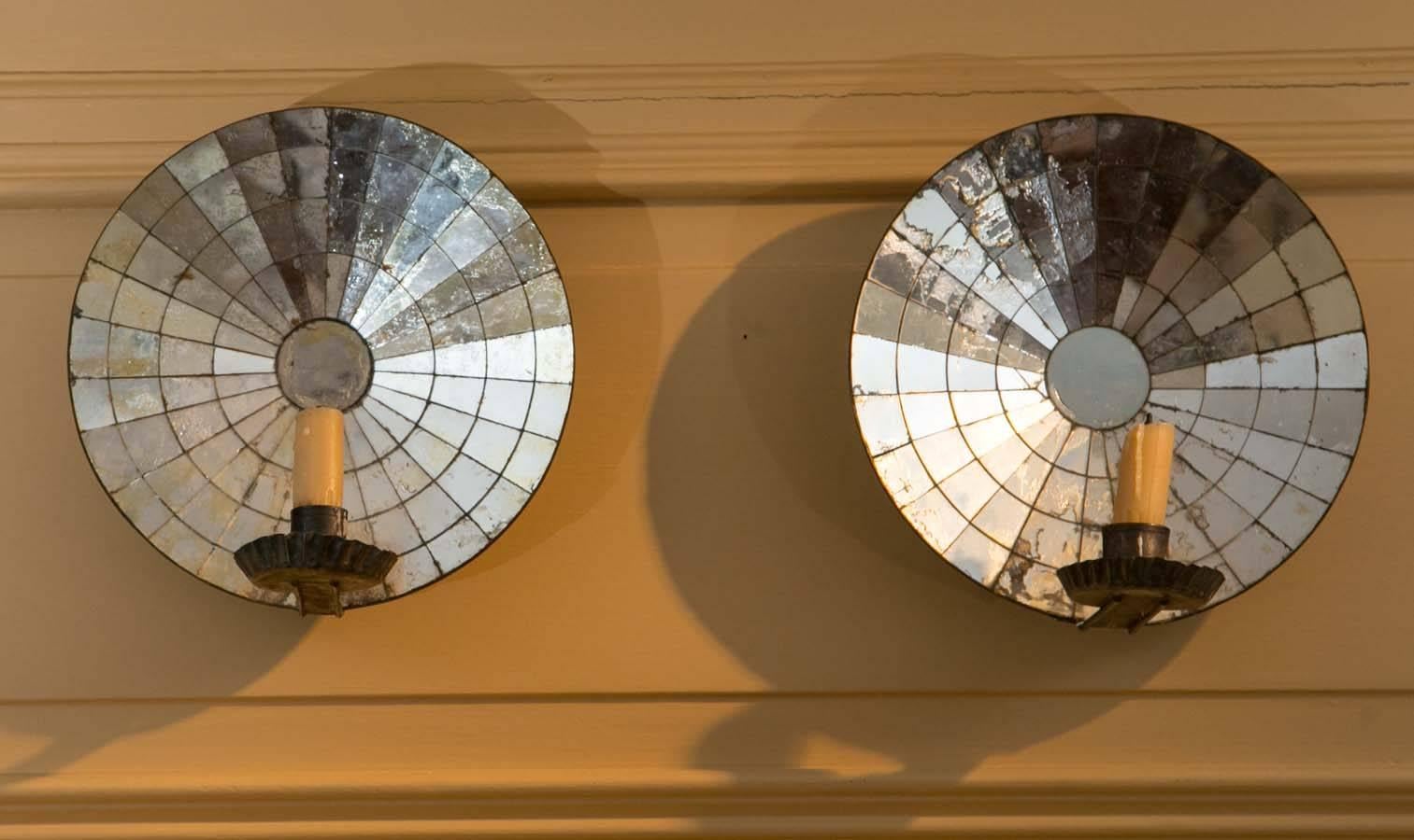 Pair of Late 18th Century Round Mirrored Candle Sconces 1