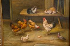 19th Century Oil on Board Barnyard Scene Featuring Chickens, Rabbits and Pigeon