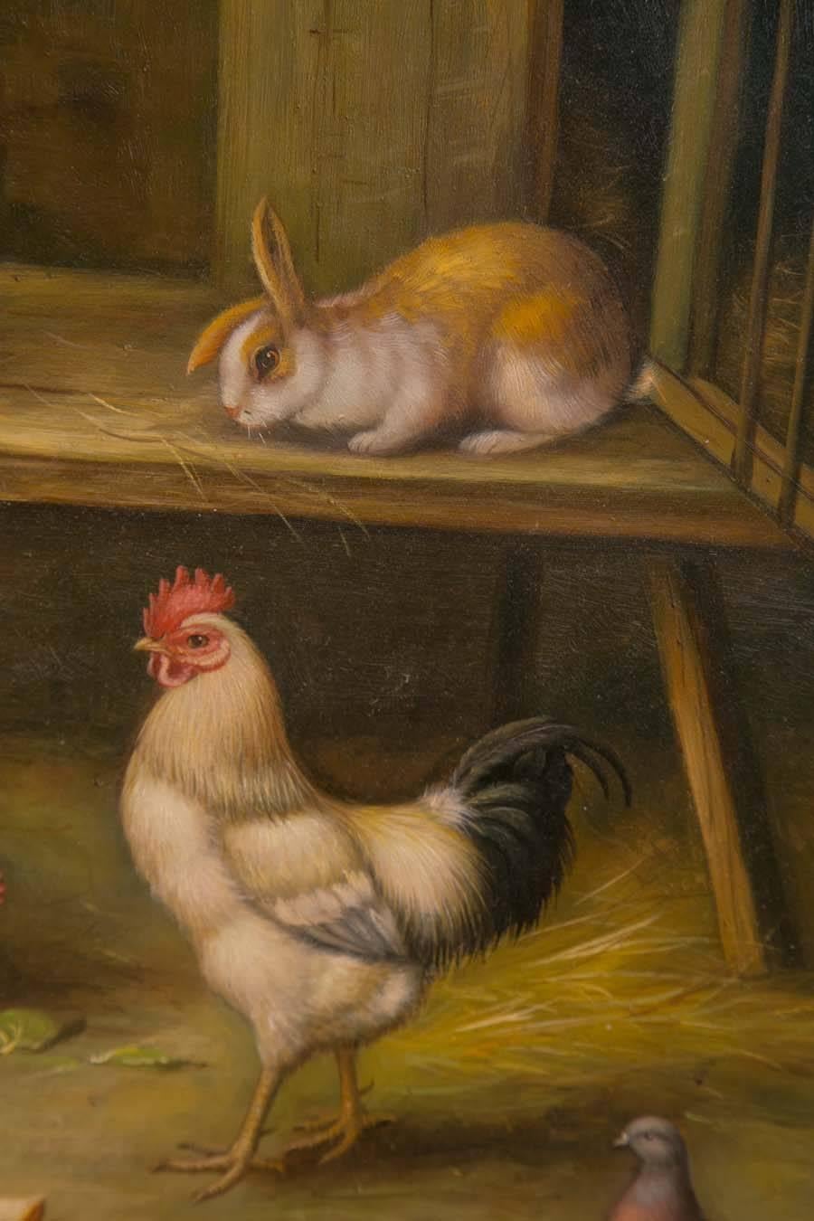 19th Century Oil on Board Barnyard Scene Featuring Chickens, Rabbits and Pigeon In Excellent Condition In Woodbury, CT