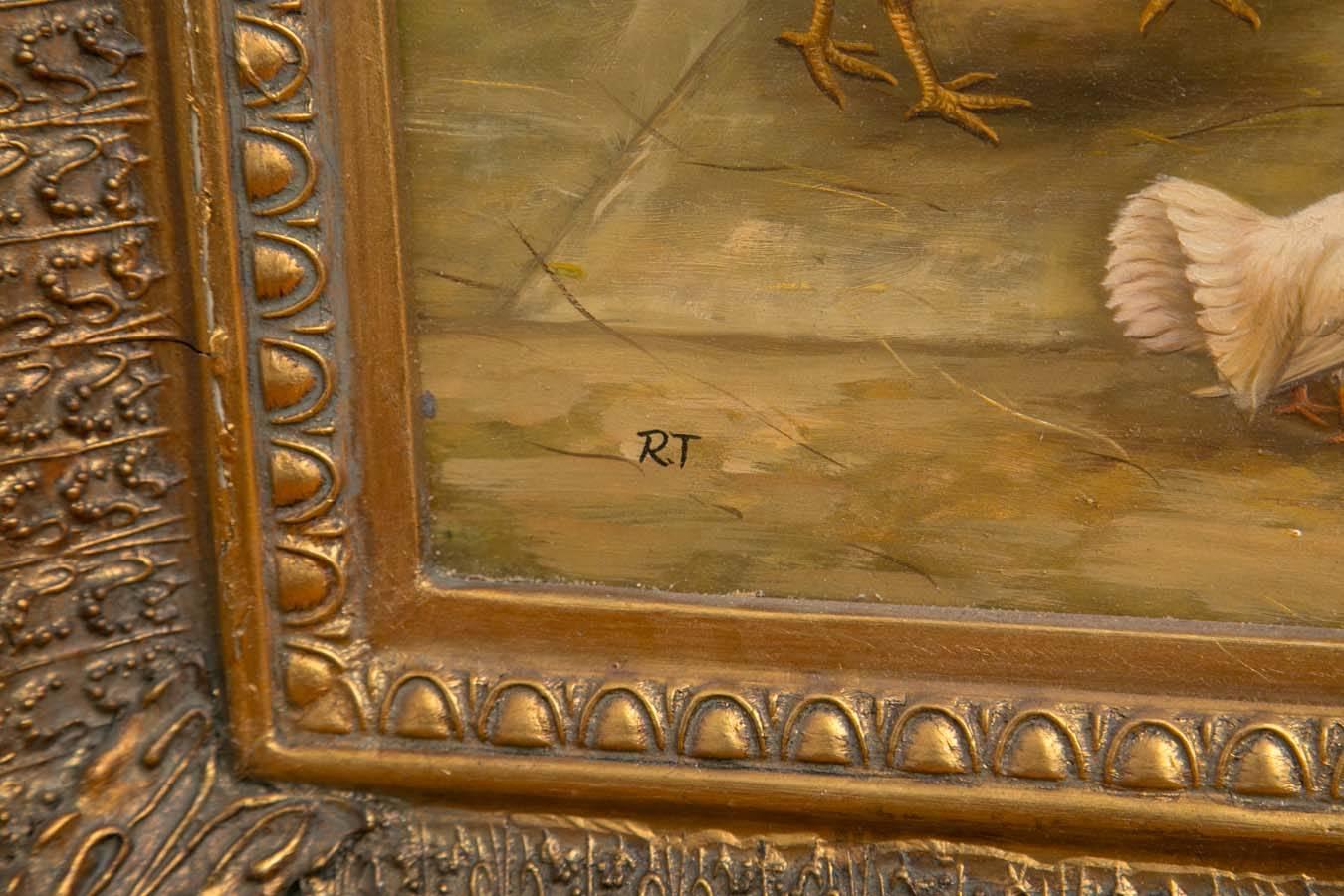 19th Century Oil on Board Barnyard Scene Featuring Chickens, Rabbits and Pigeon 1