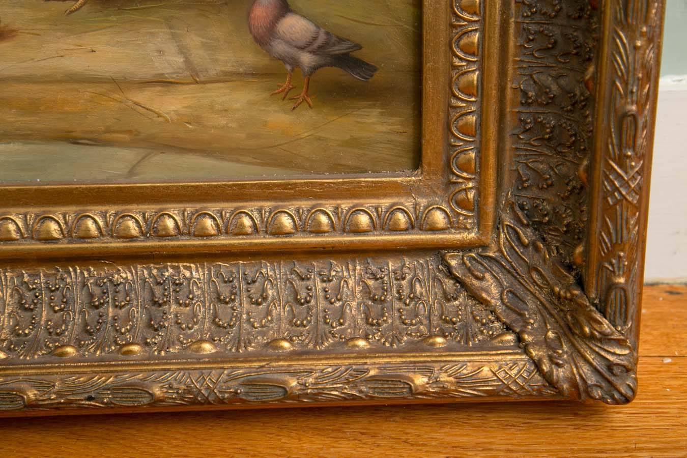 19th Century Oil on Board Barnyard Scene Featuring Chickens, Rabbits and Pigeon 2