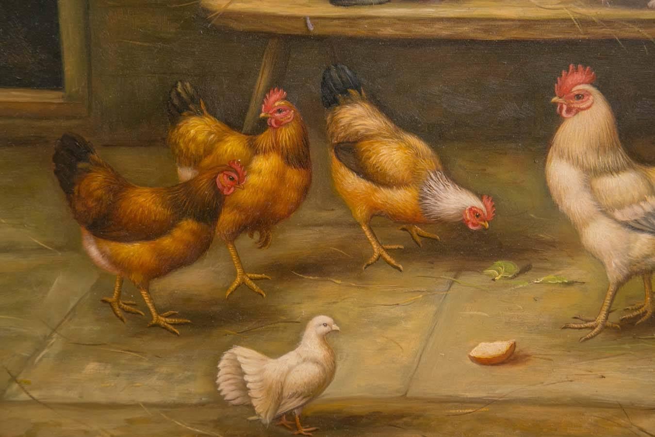 19th Century Oil on Board Barnyard Scene Featuring Chickens, Rabbits and Pigeon 3