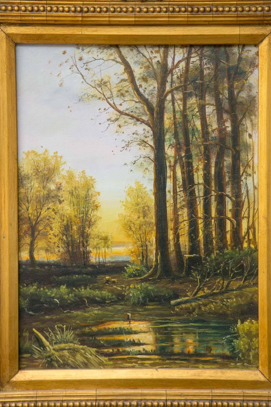 Beautiful landscape painting depicting a forest clearing with small pond in the foreground in period frame.

American, late 19th-early 20th century. 

Measures: 24 ½” H X 19 ½ W.
     