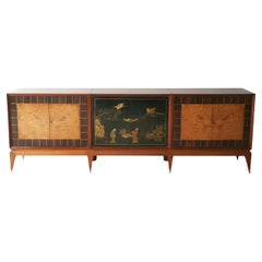 Superbe buffet italien à six portes en bois mélangé et chinoiseries