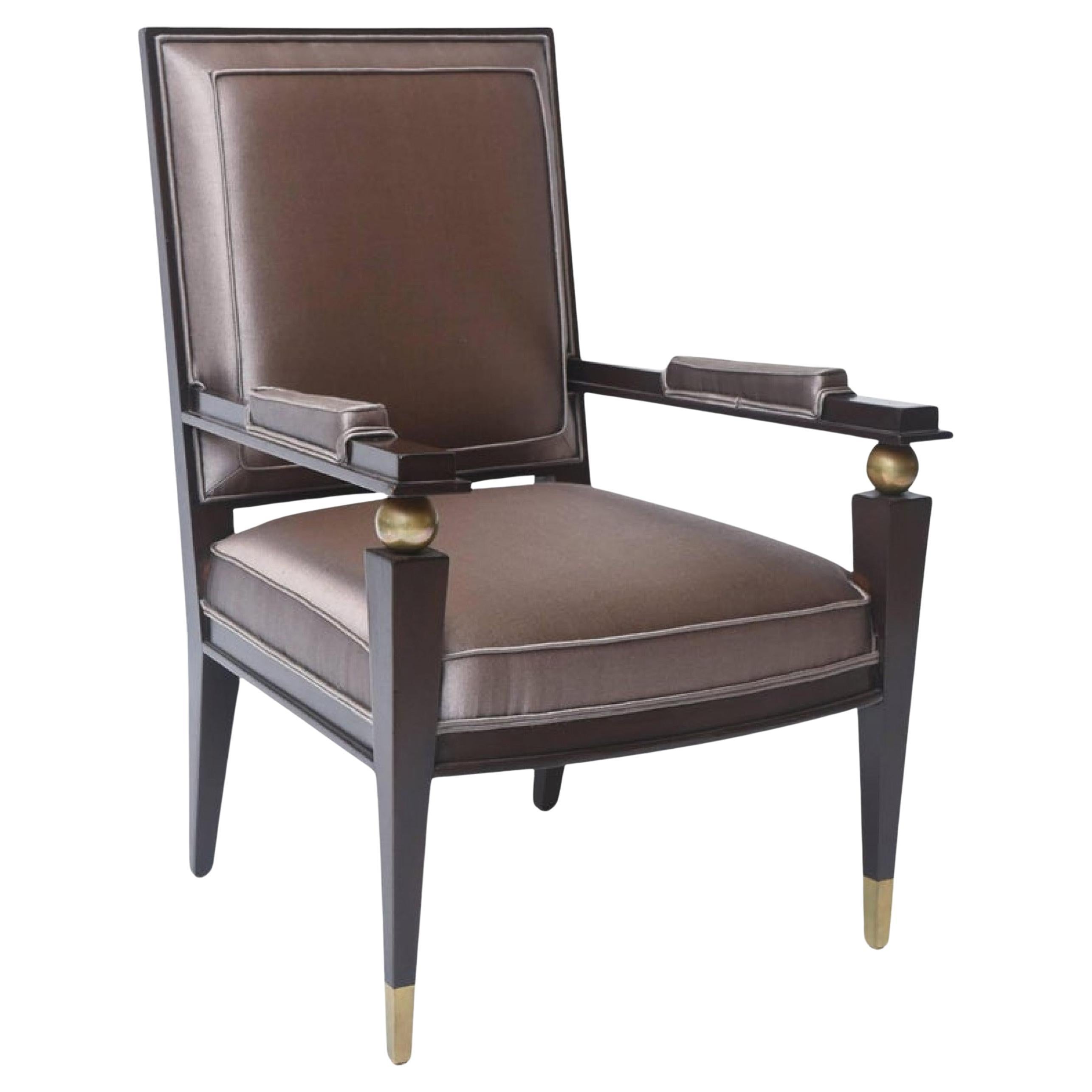 Jacques Quinet Poltrona moderna francese in legno di palissandro scuro, ottone e doratura a pacco