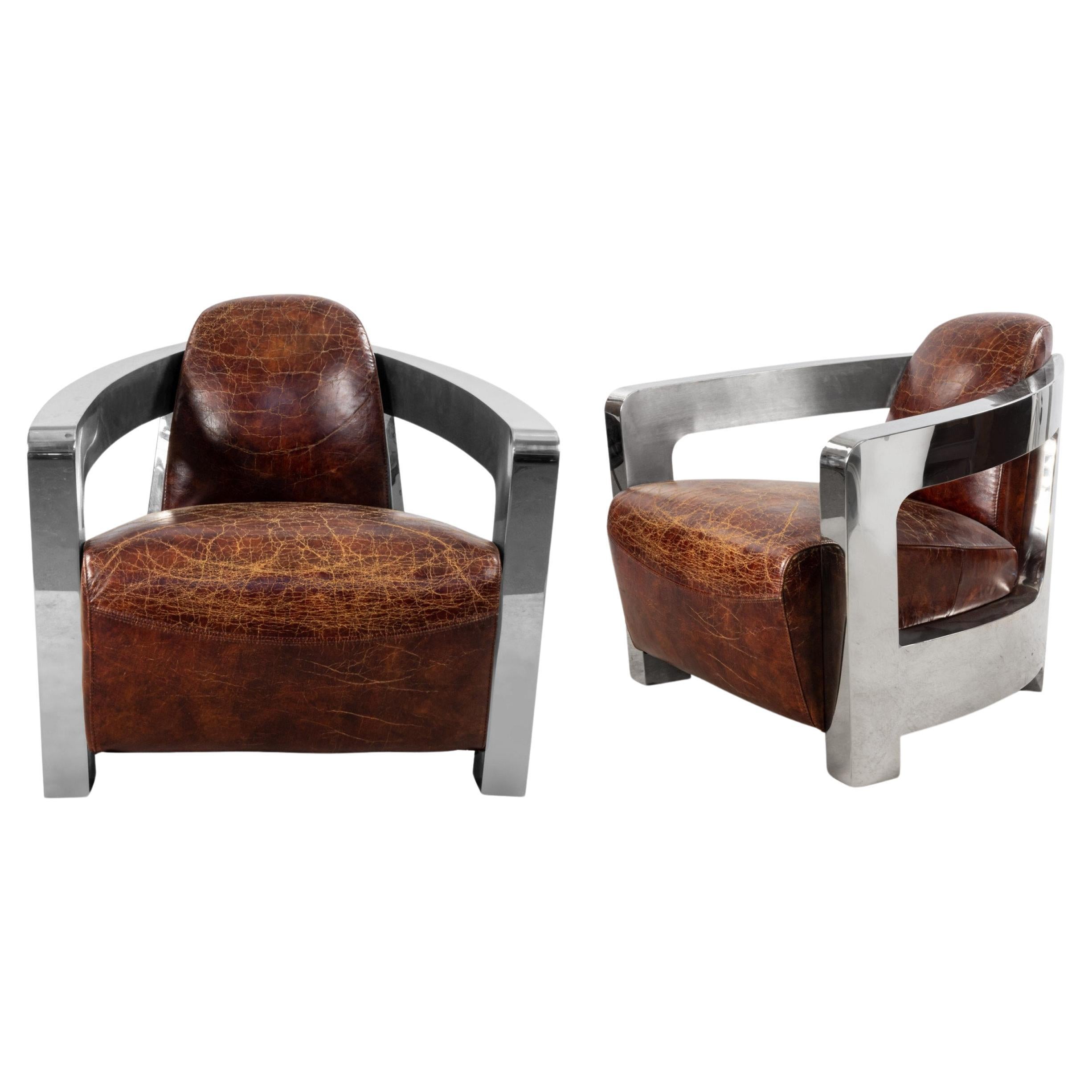 Coppia di poltrone Art Déco degli anni '30-'40, in pelle marrone e cromo