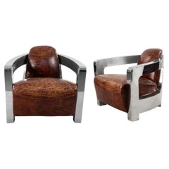 Pair of 1930s-1940s Art Deco Lounge Chairs, Brown Leather & Chrome