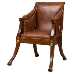 French Empire Mahogany Armchair with Bronze Mounts, Leather Upholstery