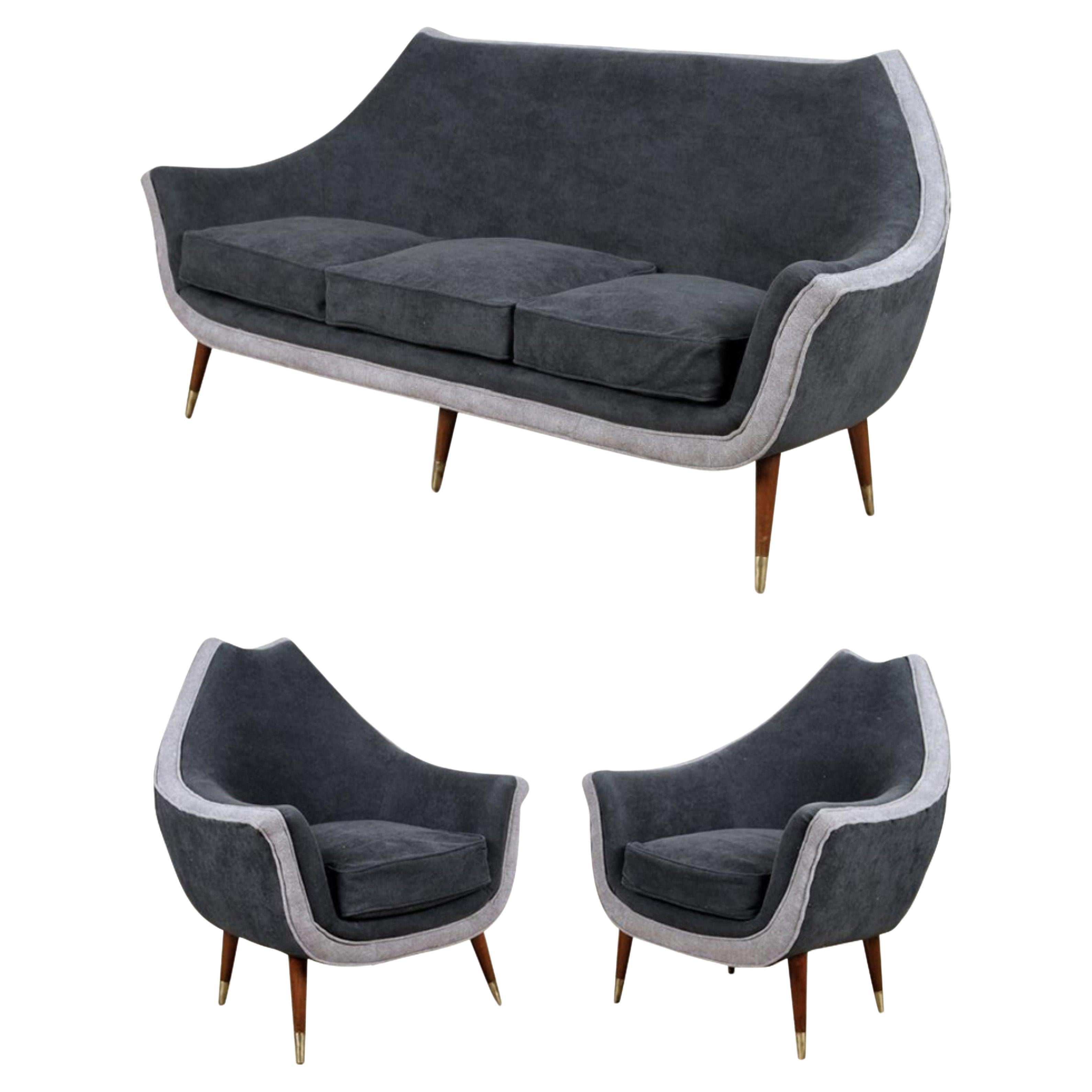 Set di soggiorno a 3 pezzi in grigio bicolore del Mid-Century