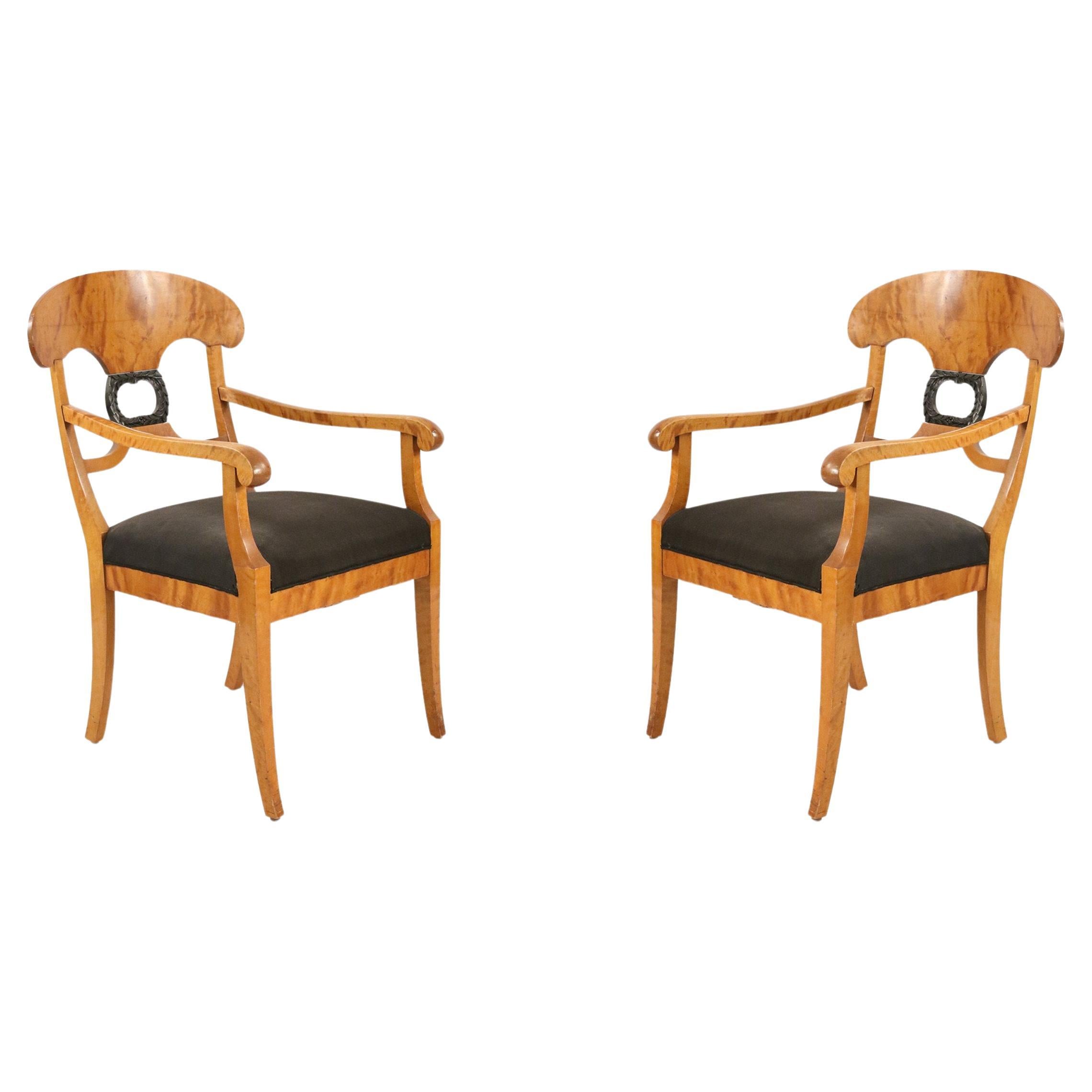 Biedermeier Dining Armchairs, Birch Wood, Black Upholstery, 1890 Pair For Sale