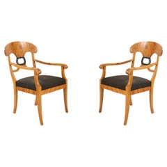 Biedermeier Dining Armchairs, Birch Wood, Black Upholstery, Circa 1890