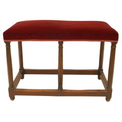 English Renaissance Walnut Bench, Circa 1850, Red Velvet Upholstery