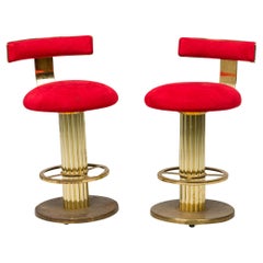 Pair of Designs for Leisure Fluted Column Red Upholstered Swivel Bar Stools
