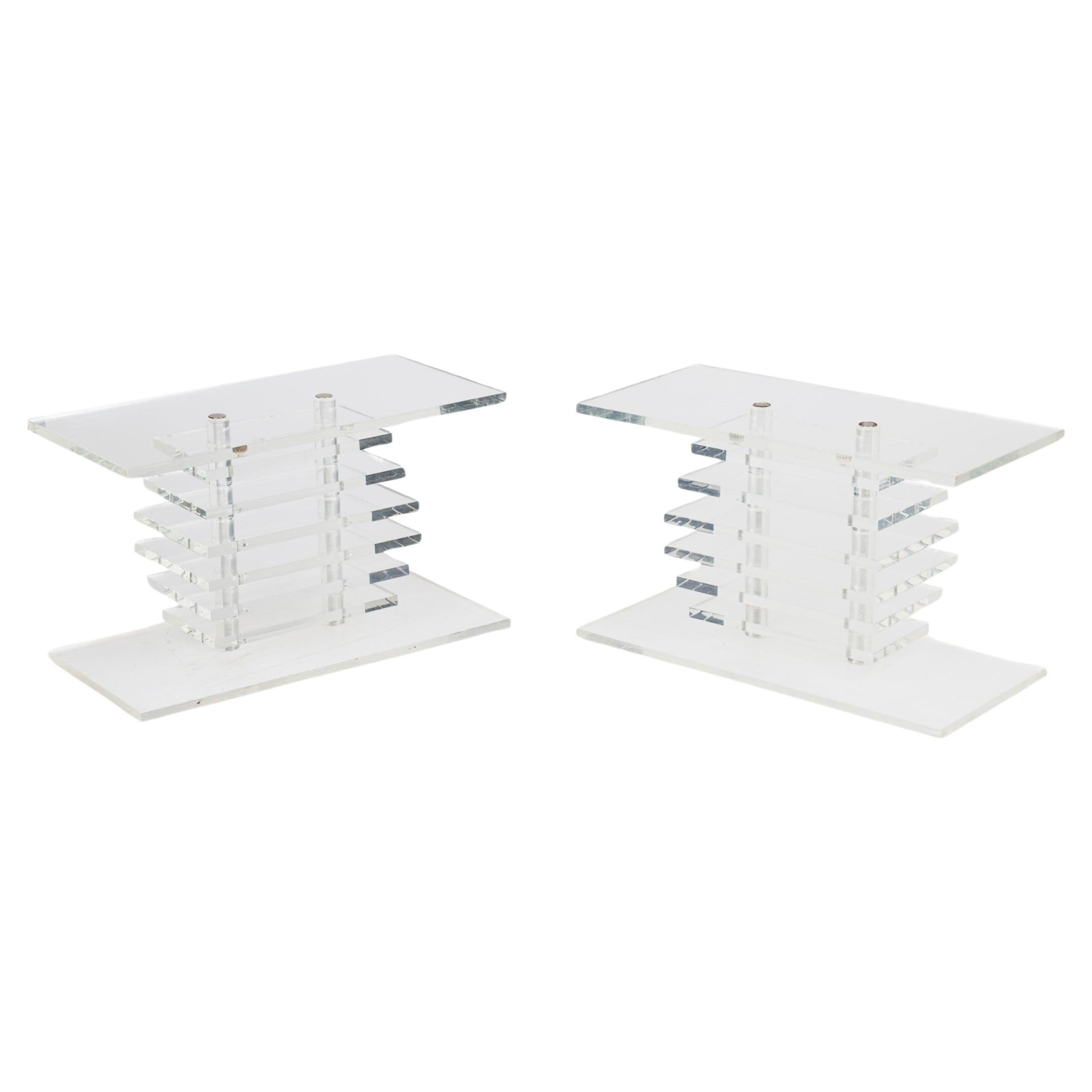 Pair of Karl Springer Contemporary American Stacked Clear Lucite Benches